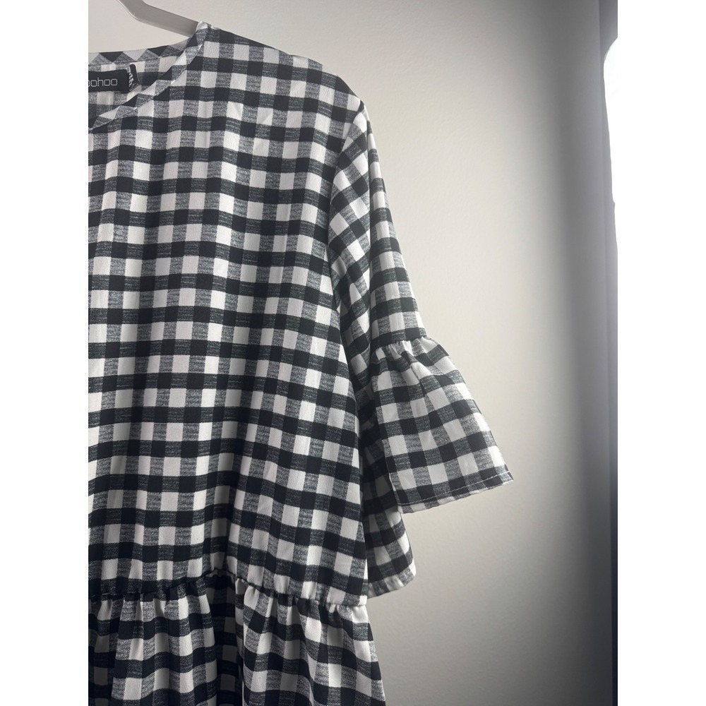 Boohoo Gingham Dress Womens 14 Black White Excellent Ruffle Sleeve Babydoll - Picture 3 of 10